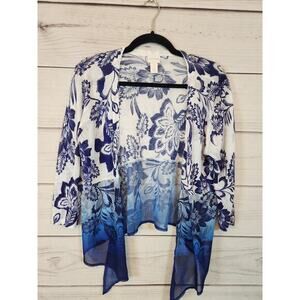 Chico's Womens Blue White Floral Print 3/4 Sleeve Open Front Cardigan Size 0 / S
